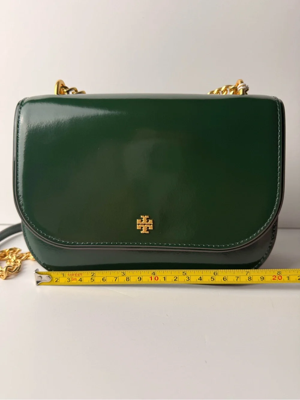 Tory Burch Emerson Patent Flap Adjustable Shoulder Bag Pine Tree Green / Gold